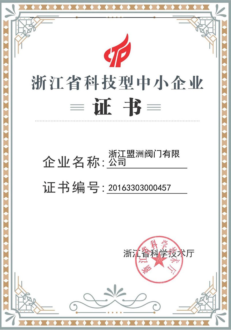 浙江省科技型中小企业证书